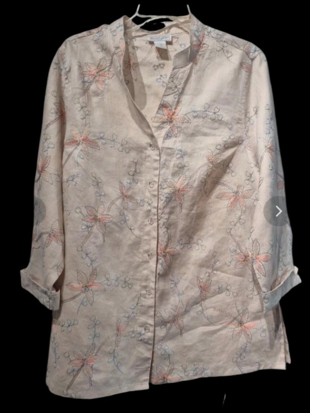 Deane & White Sz 1X Light Beige 100% Linen Floral Embroidered Button-Up Tunic